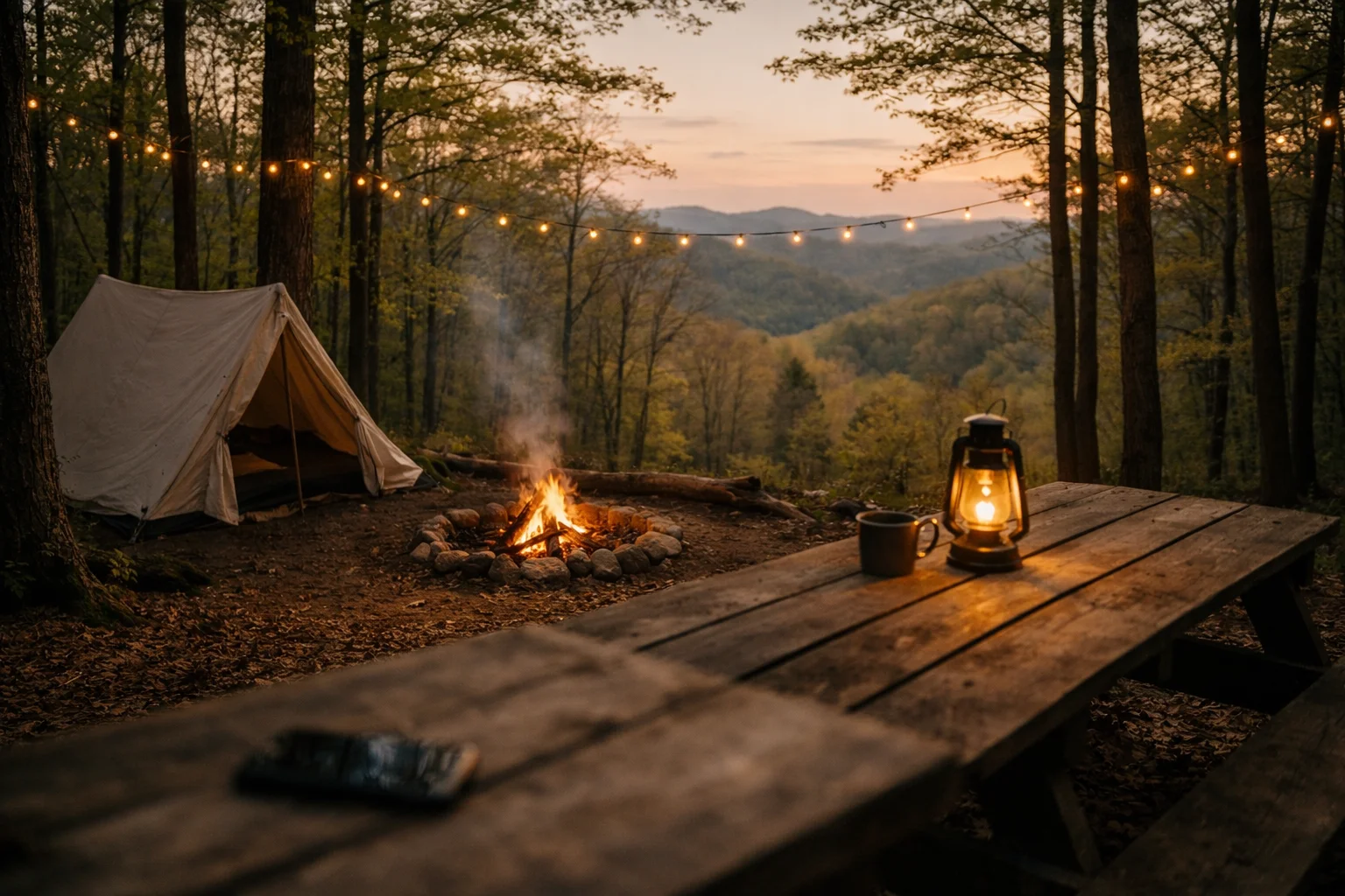 Quiet fire ring at Skyline Retreat in Pike County, Ohio, set up for a 48-hour phone-free reset